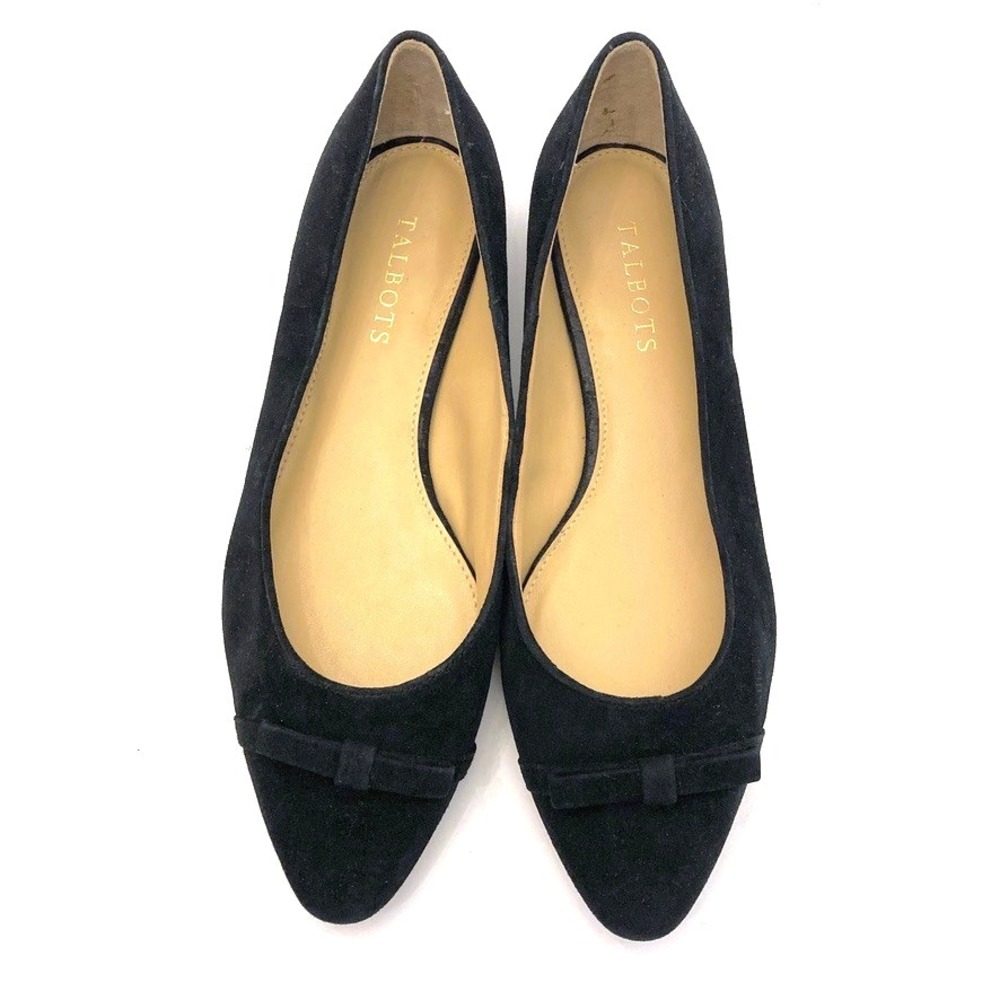 Talbots Edison Flats Black Suede Bow Pointed Toe Womens 8 M NEW